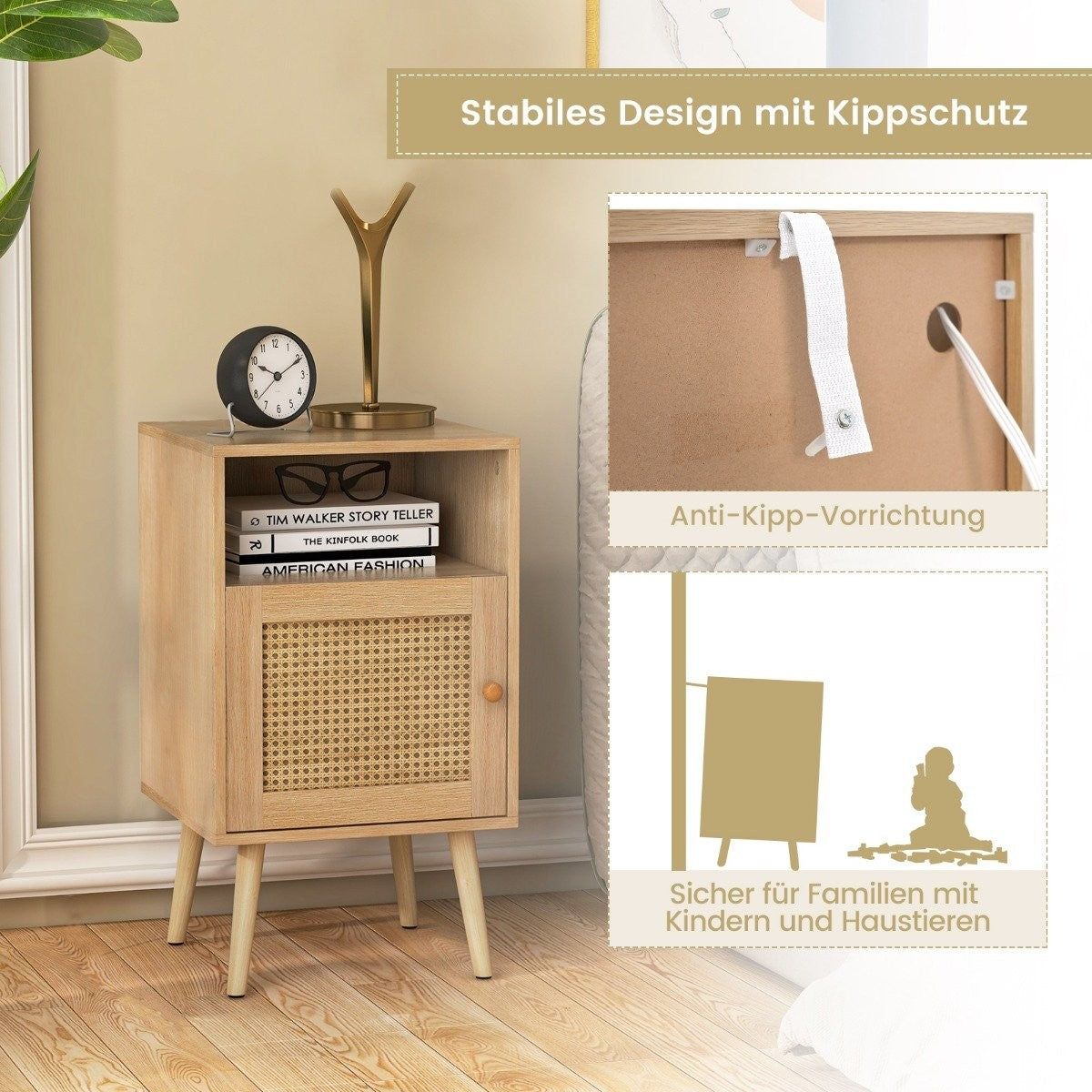 Rattan bedside table with storage space, open shelf and door, farmhouse style side table, natural