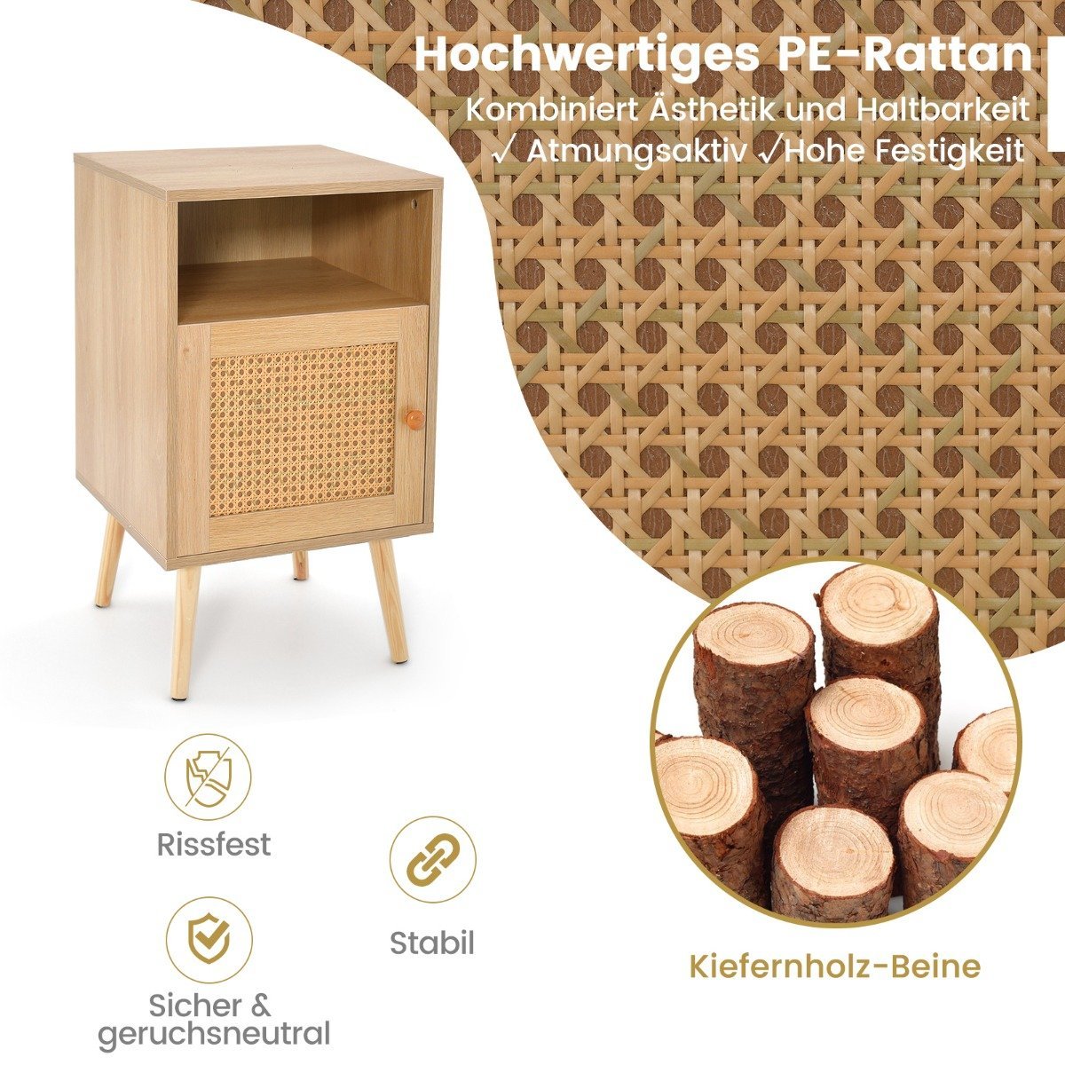 Rattan bedside table with storage space, open shelf and door, farmhouse style side table, natural