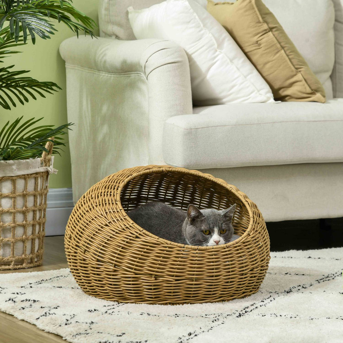 Rattan cat basket, cat house, cat house with cushion for cats up to 4 kg, pet bed, cat cave, indoor, PE rattan, Ø50 x 31 cm, light brown