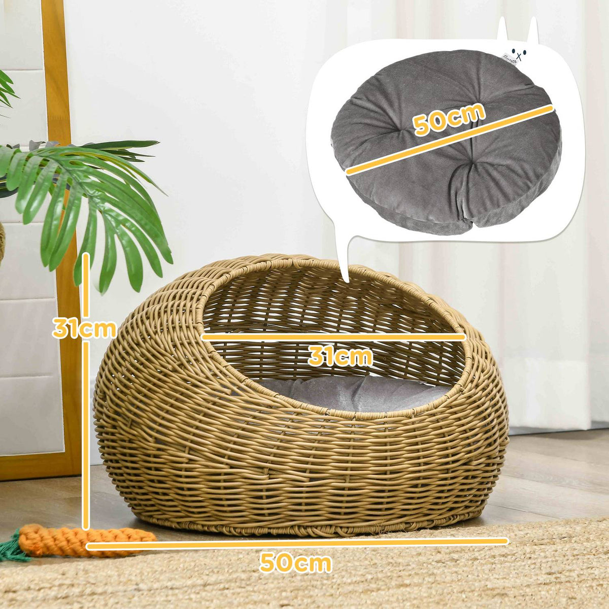 Rattan cat basket, cat house, cat house with cushion for cats up to 4 kg, pet bed, cat cave, indoor, PE rattan, Ø50 x 31 cm, light brown