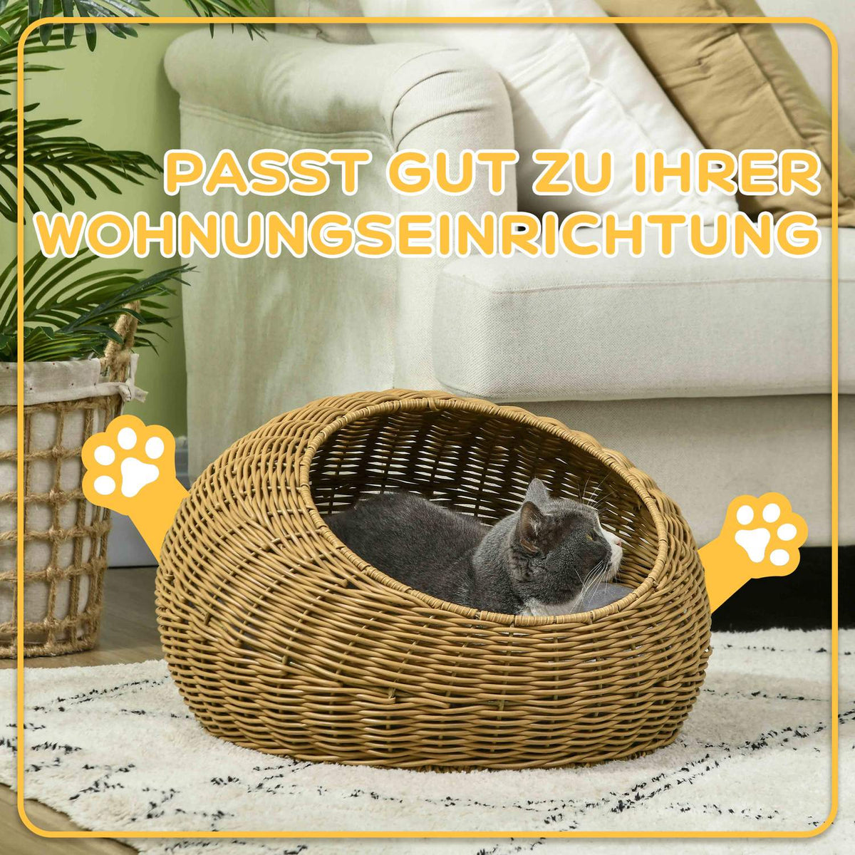 Rattan cat basket, cat house, cat house with cushion for cats up to 4 kg, pet bed, cat cave, indoor, PE rattan, Ø50 x 31 cm, light brown