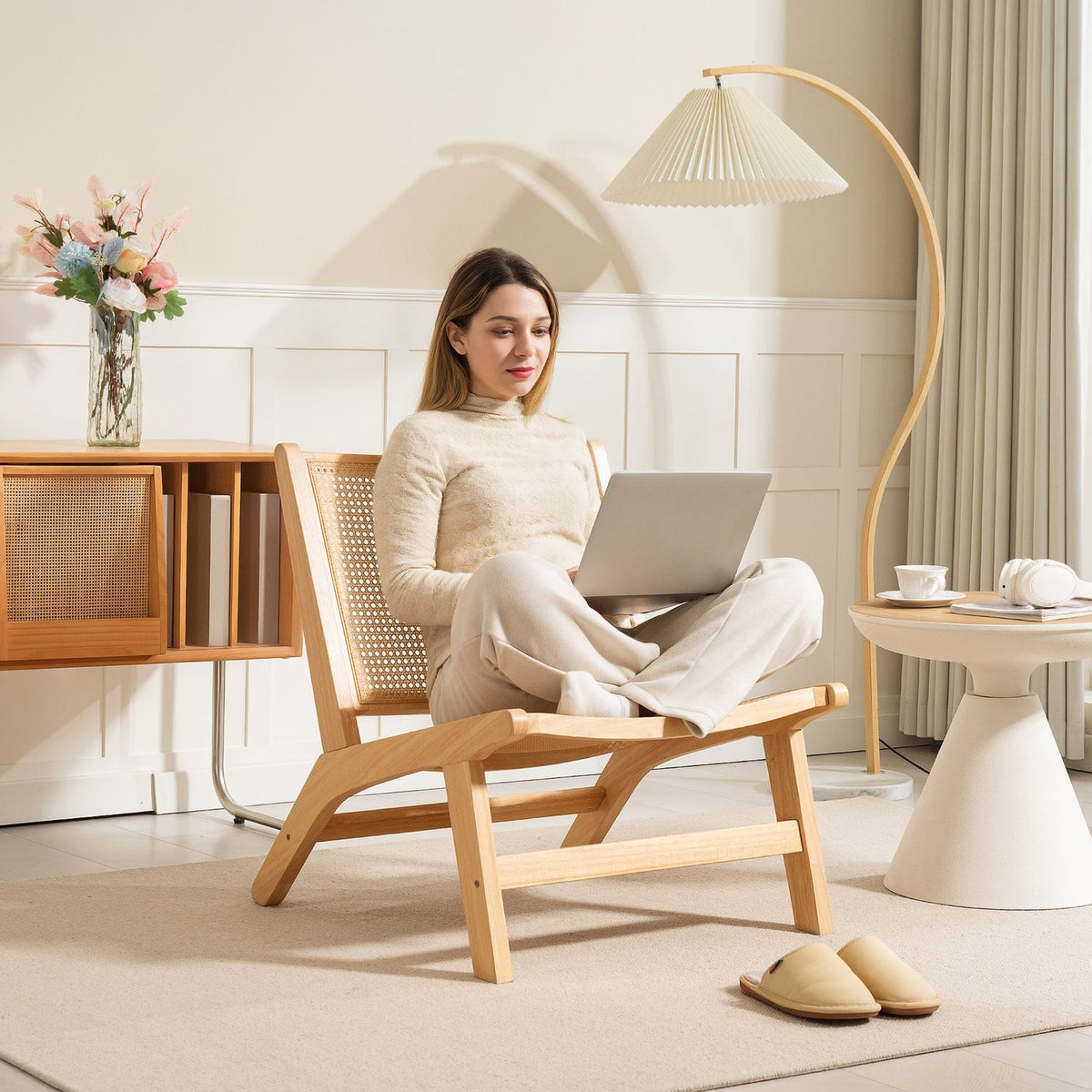 Rattan chair, reading chair, wooden frame, wide seat, 64 x 70 x 74 cm, natural wood