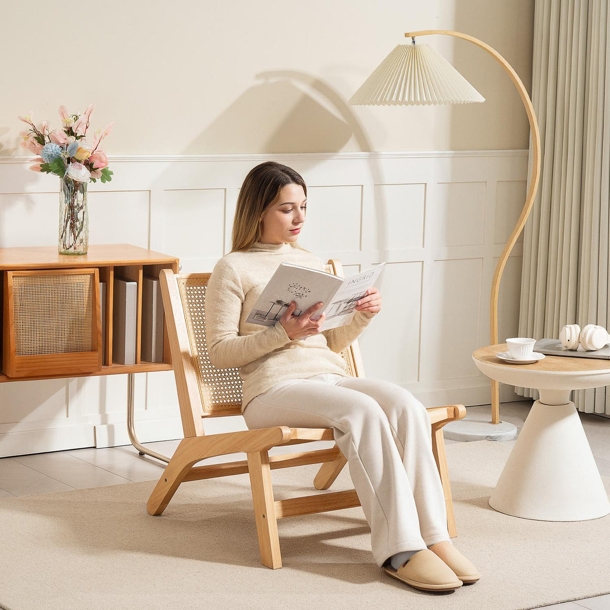 Rattan chair, reading chair, wooden frame, wide seat, 64 x 70 x 74 cm, natural wood