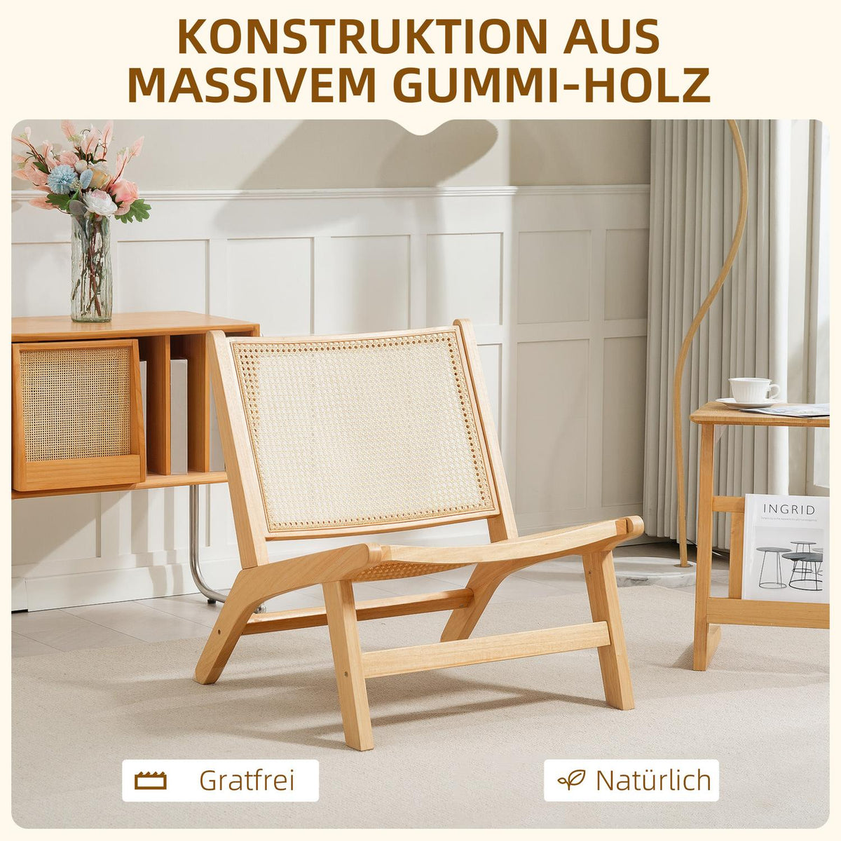 Rattan chair, reading chair, wooden frame, wide seat, 64 x 70 x 74 cm, natural wood