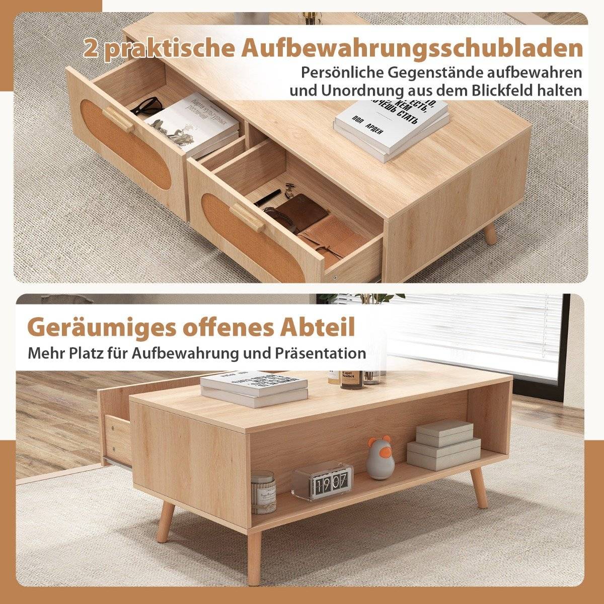 Rattan coffee table with 2 drawers, 100 x 50 x 41 cm, natural