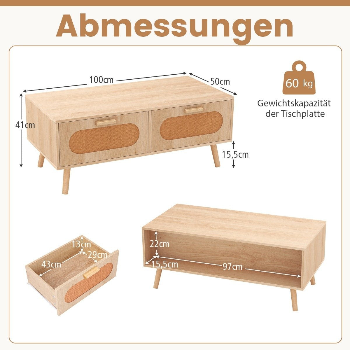 Rattan coffee table with 2 drawers, 100 x 50 x 41 cm, natural