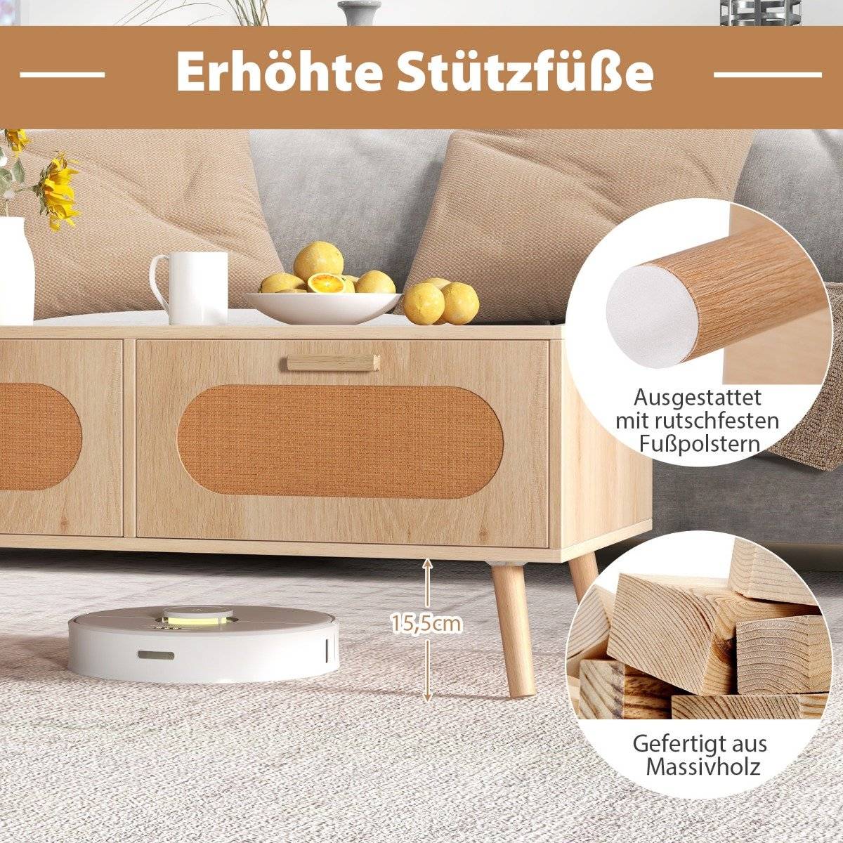 Rattan coffee table with 2 drawers, 100 x 50 x 41 cm, natural