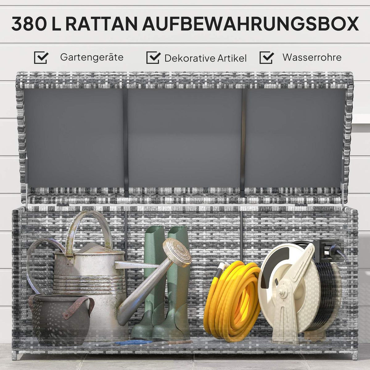 Rattan cushion box 380L weatherproof cushion box with lid storage space UV-resistant 130 x 61 x 65 cm dark grey