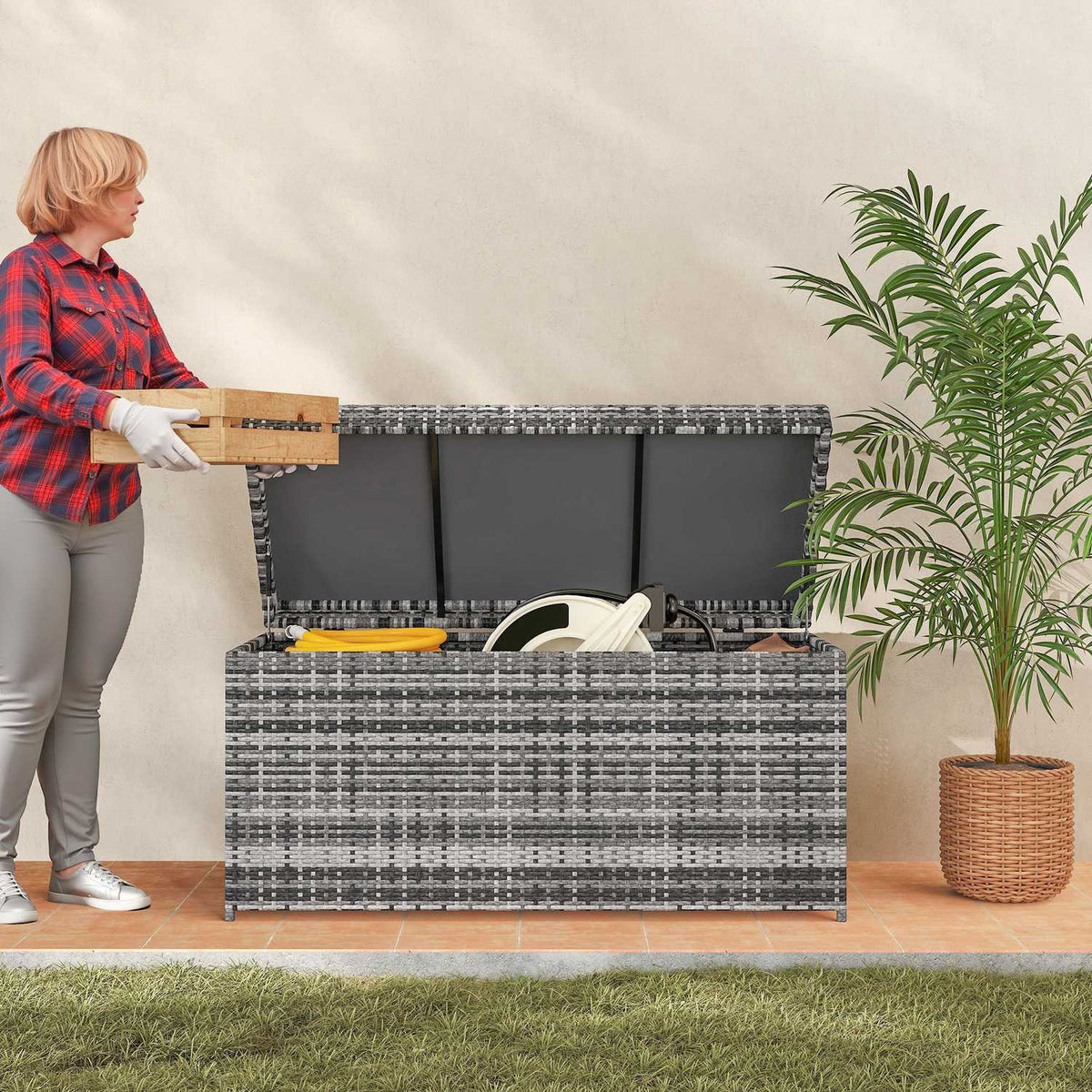 Rattan cushion box 380L weatherproof cushion box with lid storage space UV-resistant 130 x 61 x 65 cm dark grey