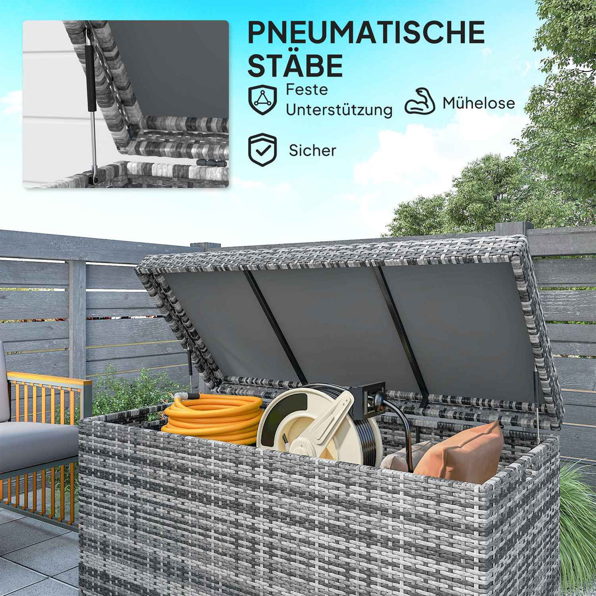 Rattan cushion box 380L weatherproof cushion box with lid storage space UV-resistant 130 x 61 x 65 cm dark grey