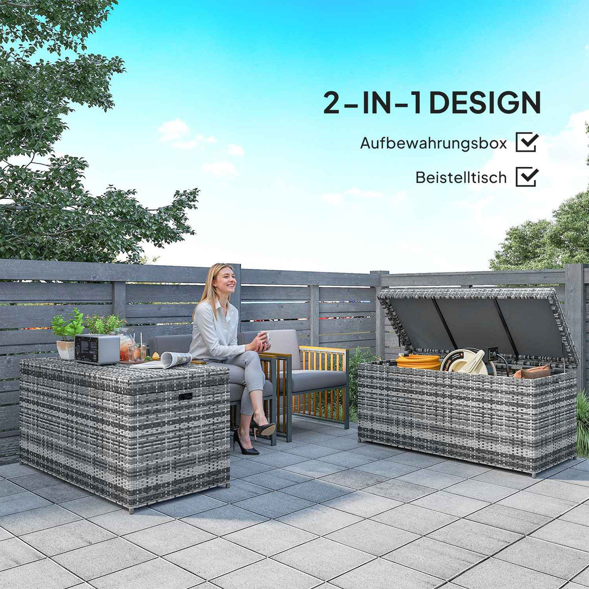 Rattan cushion box 380L weatherproof cushion box with lid storage space UV-resistant 130 x 61 x 65 cm dark grey