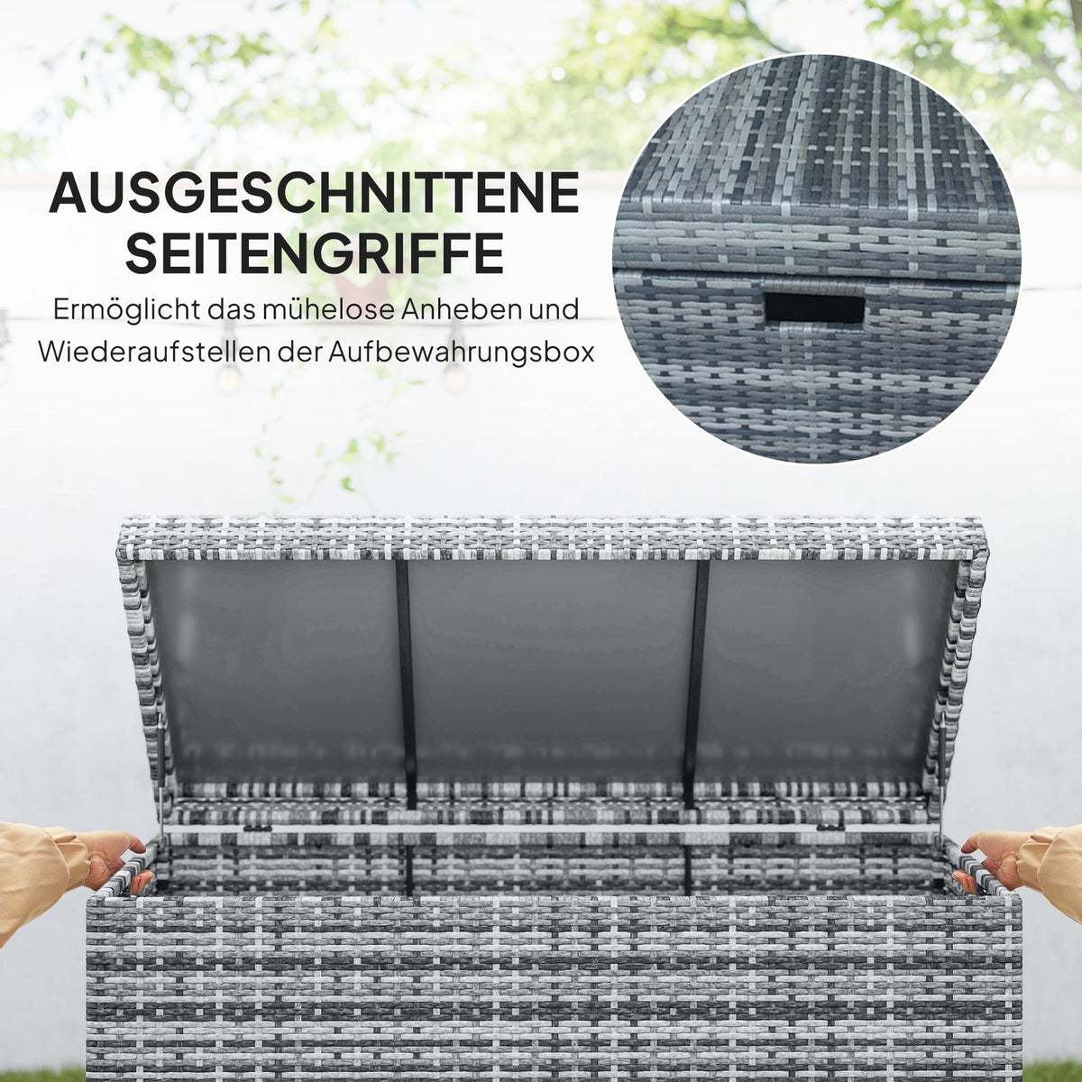 Rattan cushion box 380L weatherproof cushion box with lid storage space UV-resistant 130 x 61 x 65 cm dark grey