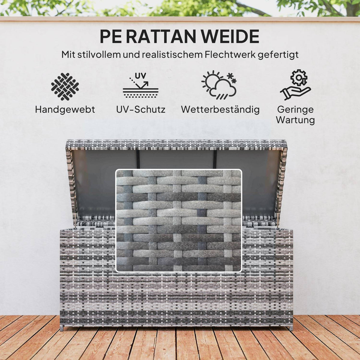 Rattan cushion box 380L weatherproof cushion box with lid storage space UV-resistant 130 x 61 x 65 cm dark grey