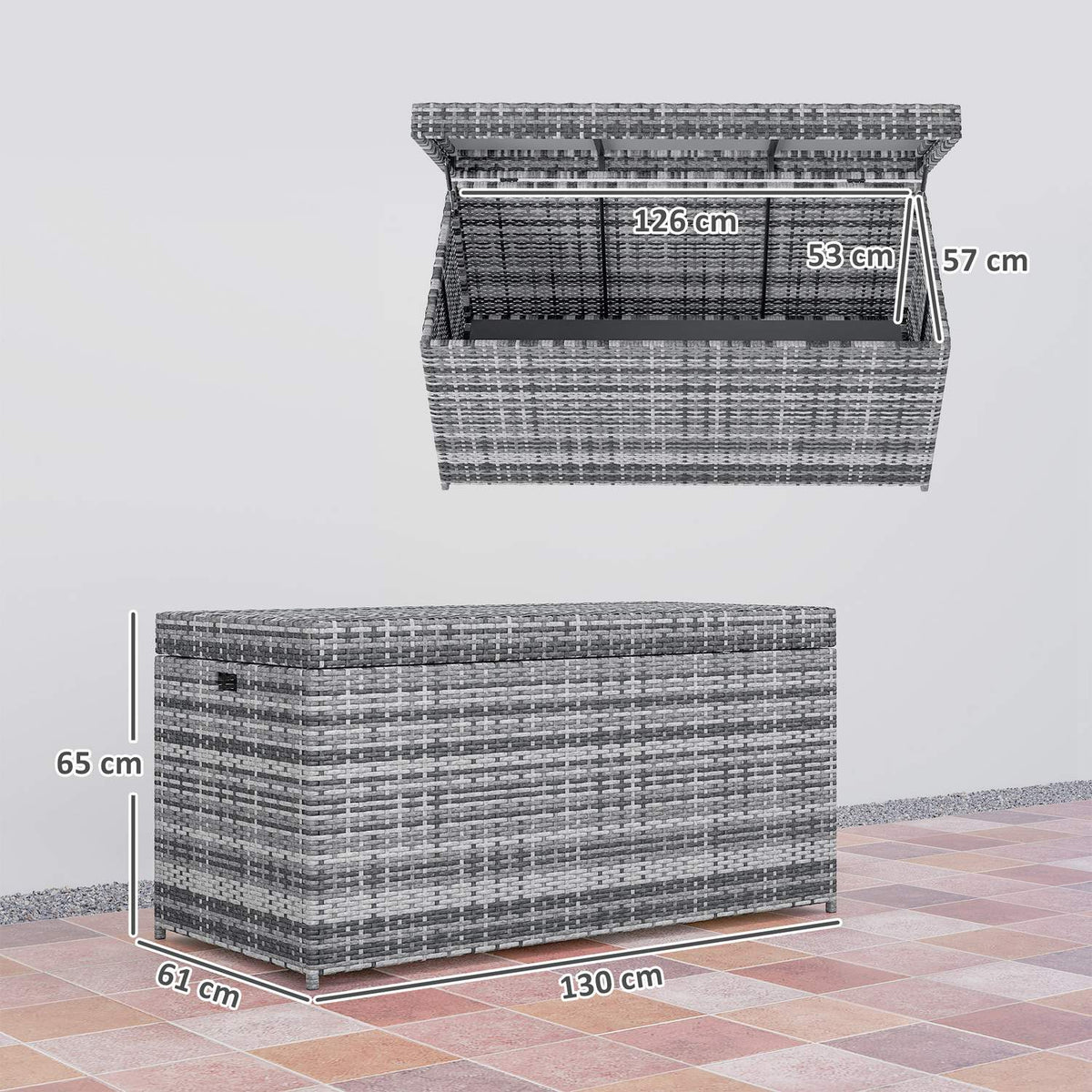 Rattan cushion box 380L weatherproof cushion box with lid storage space UV-resistant 130 x 61 x 65 cm dark grey