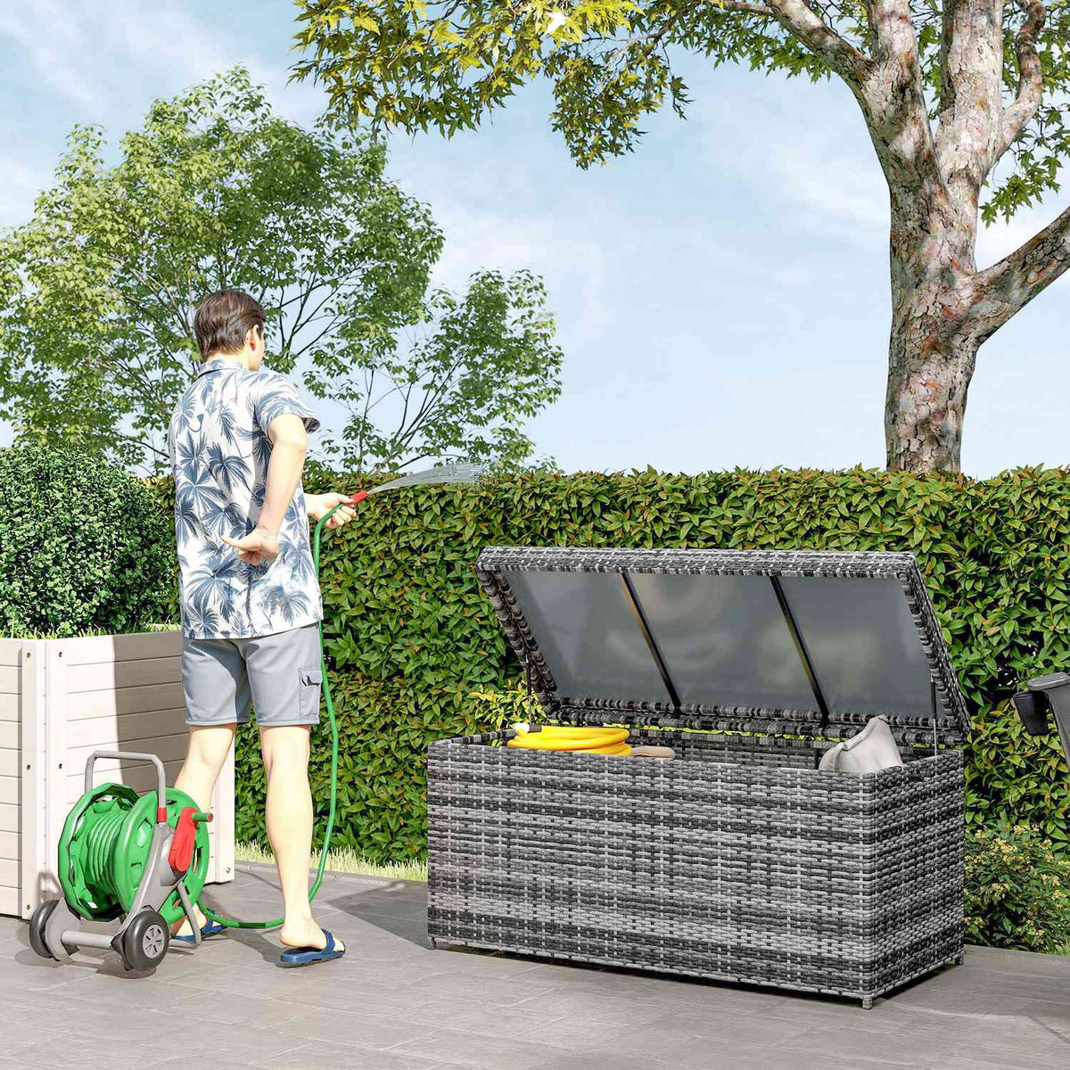 Rattan cushion box 380L weatherproof cushion box with lid storage space UV-resistant 130 x 61 x 65 cm dark grey