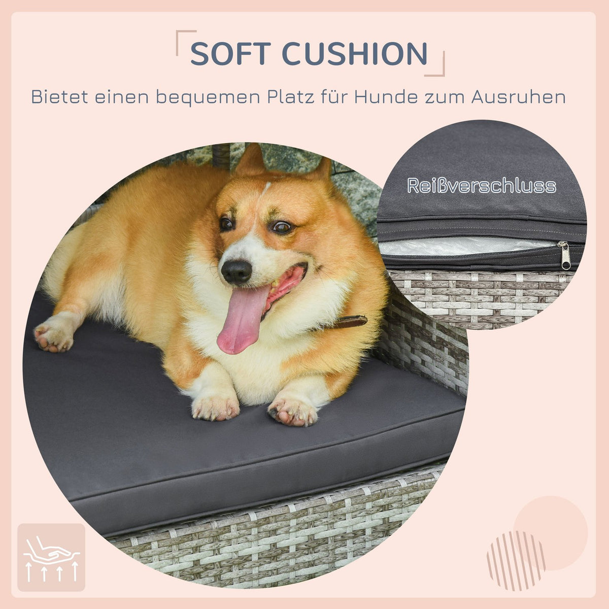Rattan dog house with cushion, house-shaped dog bed, outdoor dog house, steel frame, plastic, gray, 69 x 98 x 70 cm