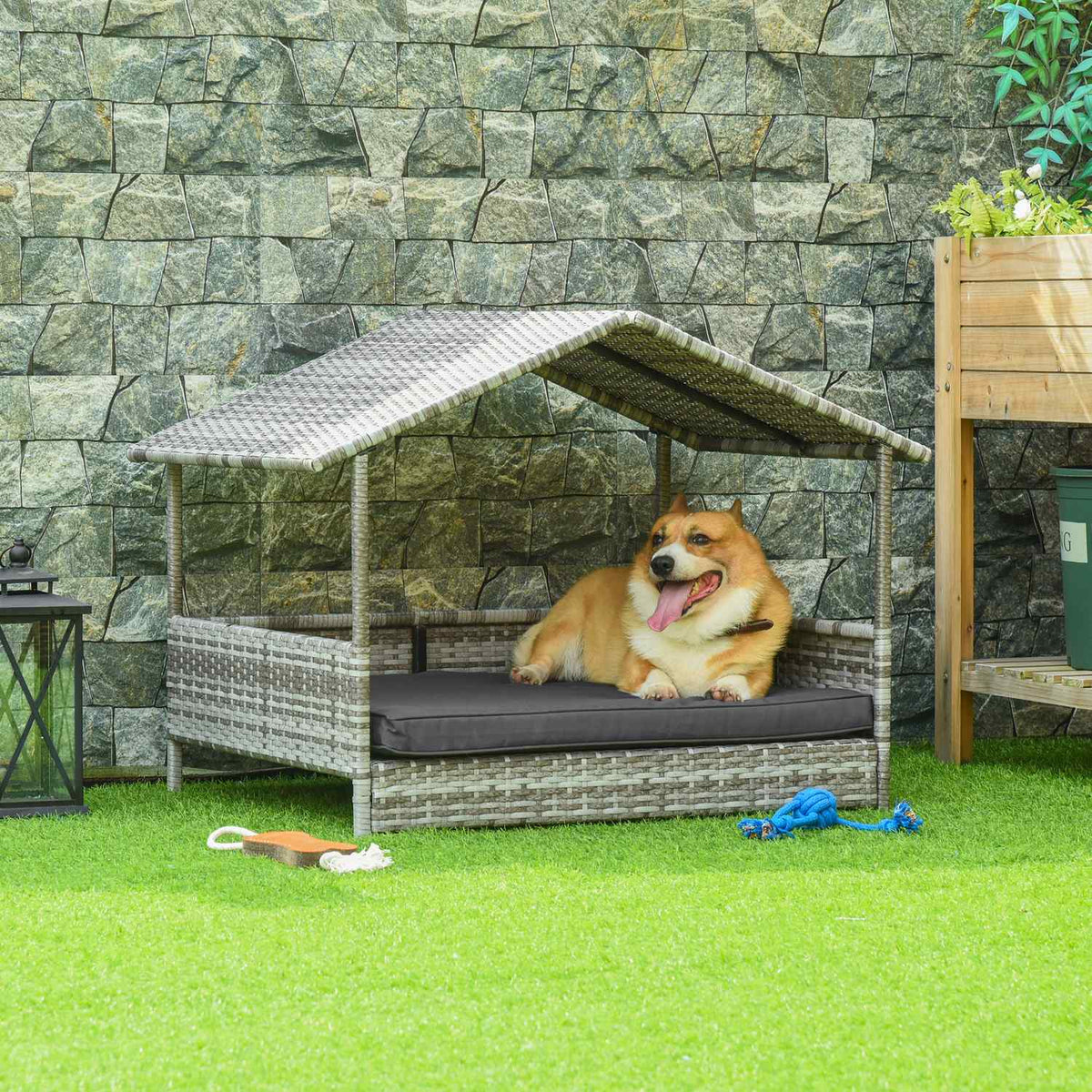 Rattan dog house with cushion, house-shaped dog bed, outdoor dog house, steel frame, plastic, gray, 69 x 98 x 70 cm