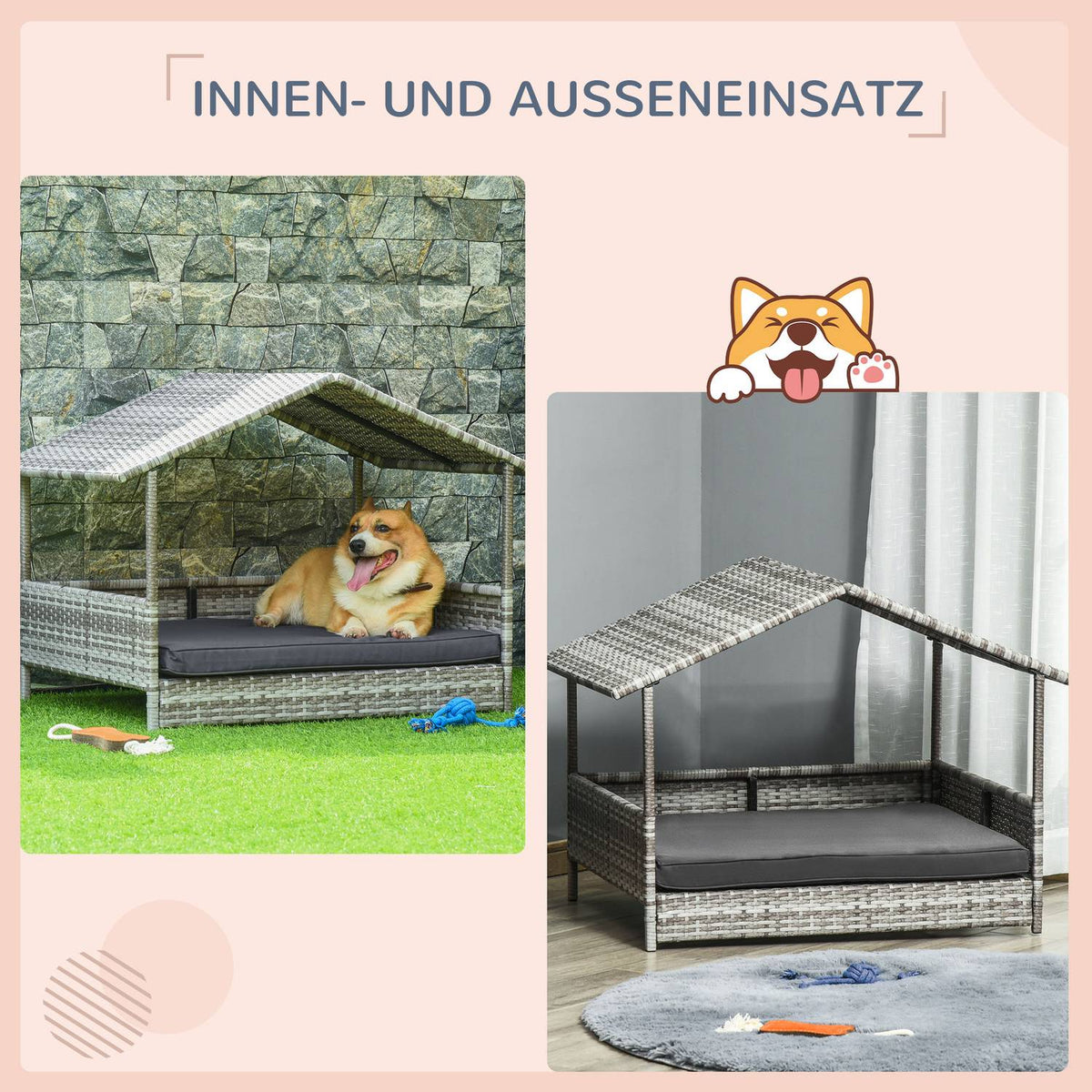 Rattan dog house with cushion, house-shaped dog bed, outdoor dog house, steel frame, plastic, gray, 69 x 98 x 70 cm