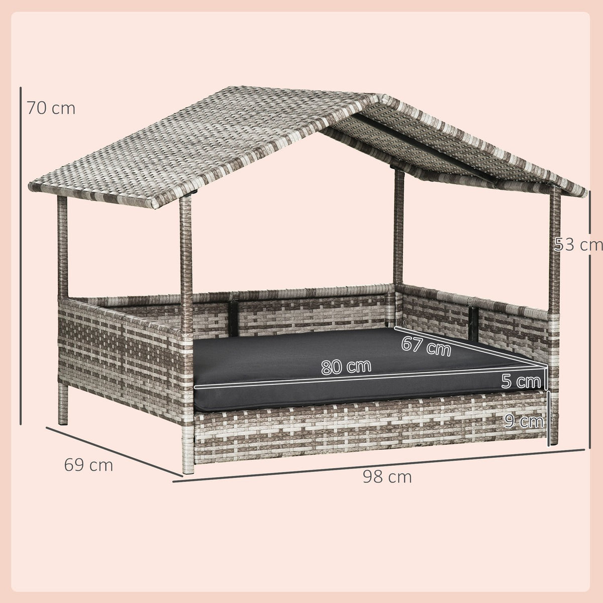 Rattan dog house with cushion, house-shaped dog bed, outdoor dog house, steel frame, plastic, gray, 69 x 98 x 70 cm