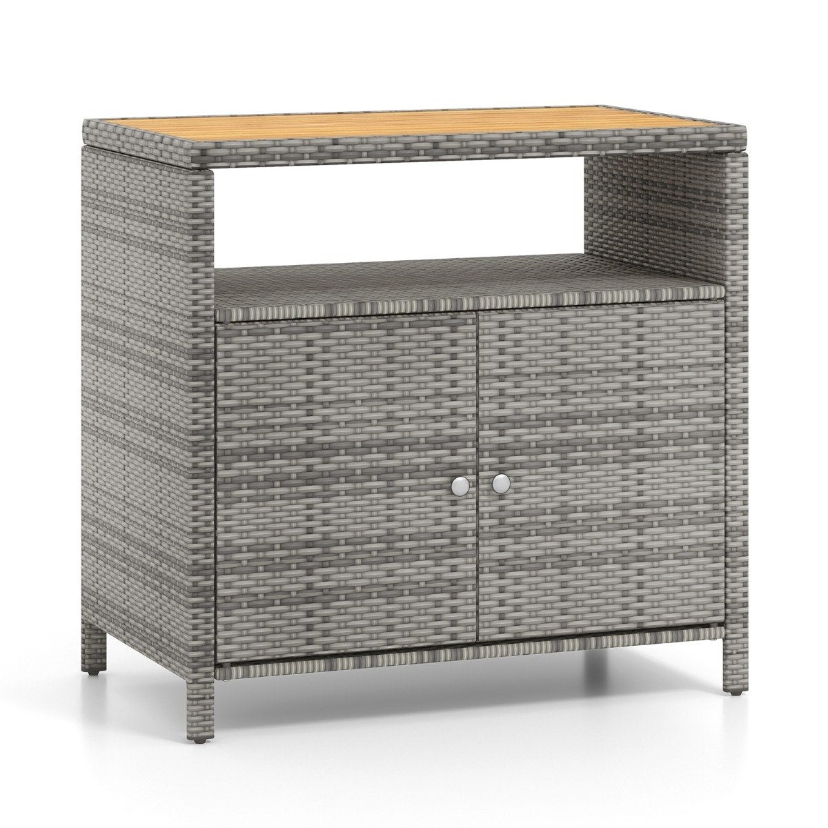Rattan garden cabinet with acacia wood worktop & open compartment buffet cabinet gray