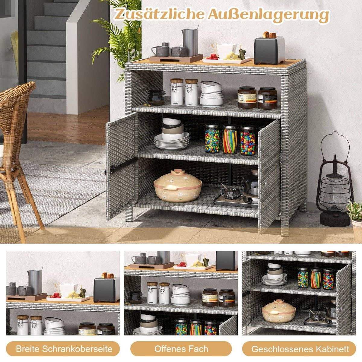 Rattan garden cabinet with acacia wood worktop & open compartment buffet cabinet gray