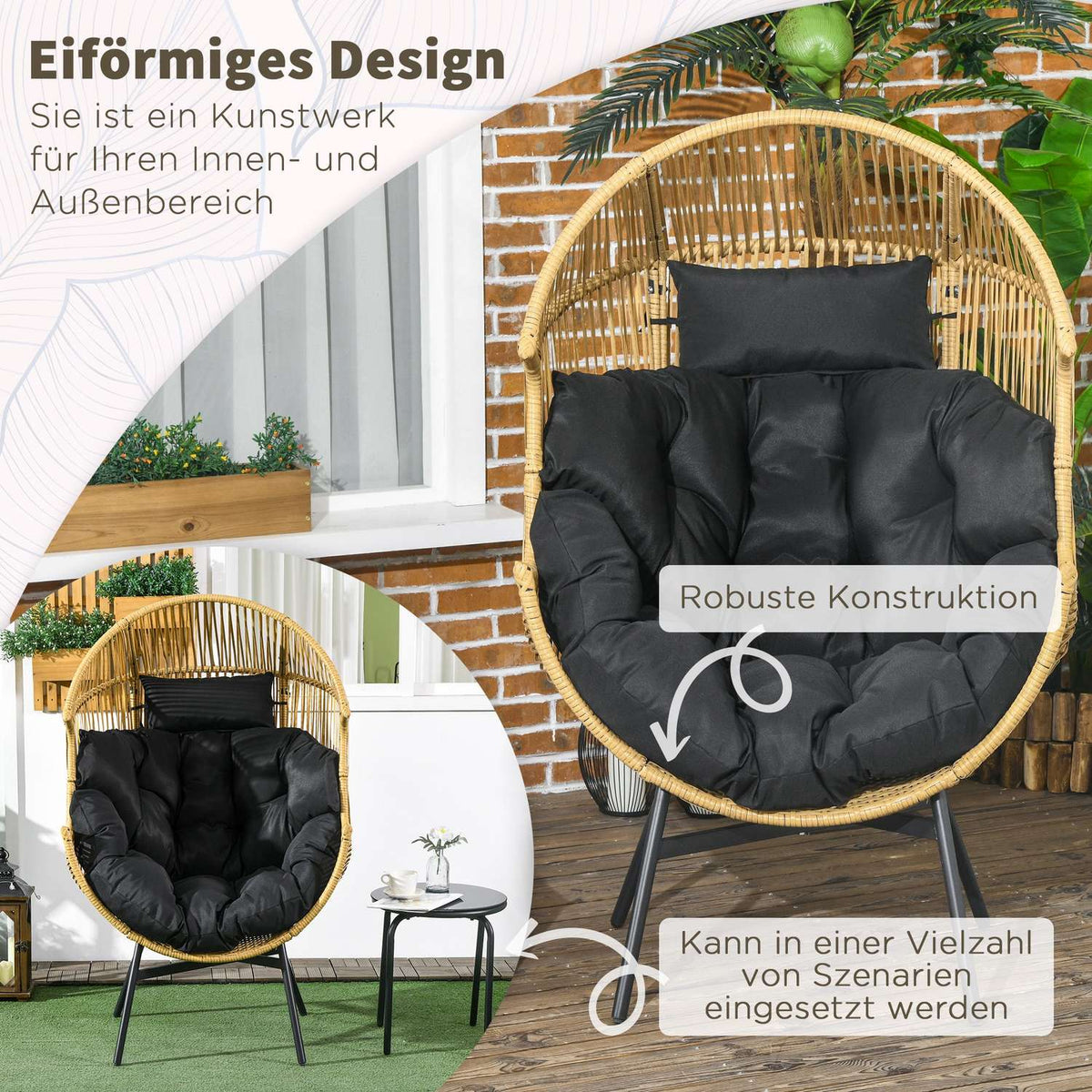 Rattan garden chair wicker chair with thick seat cushion egg shape 120 kg load capacity for patio garden sand |