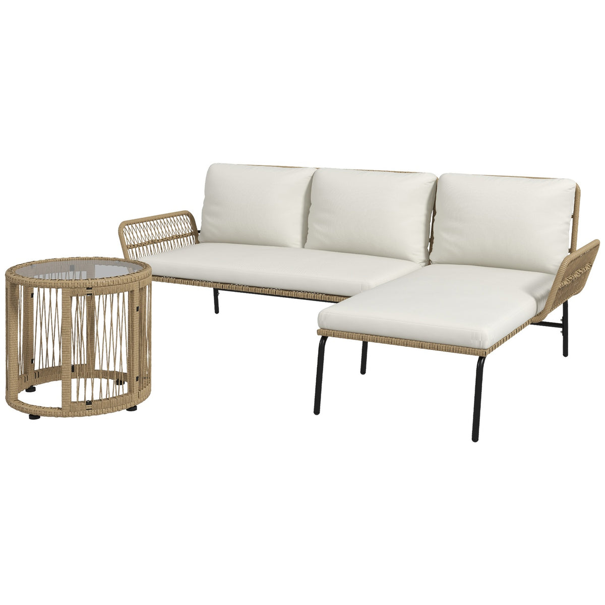 Rattan garden furniture set with deck chair, coffee table, two-seater and cream seat cushion for terrace and balcony
