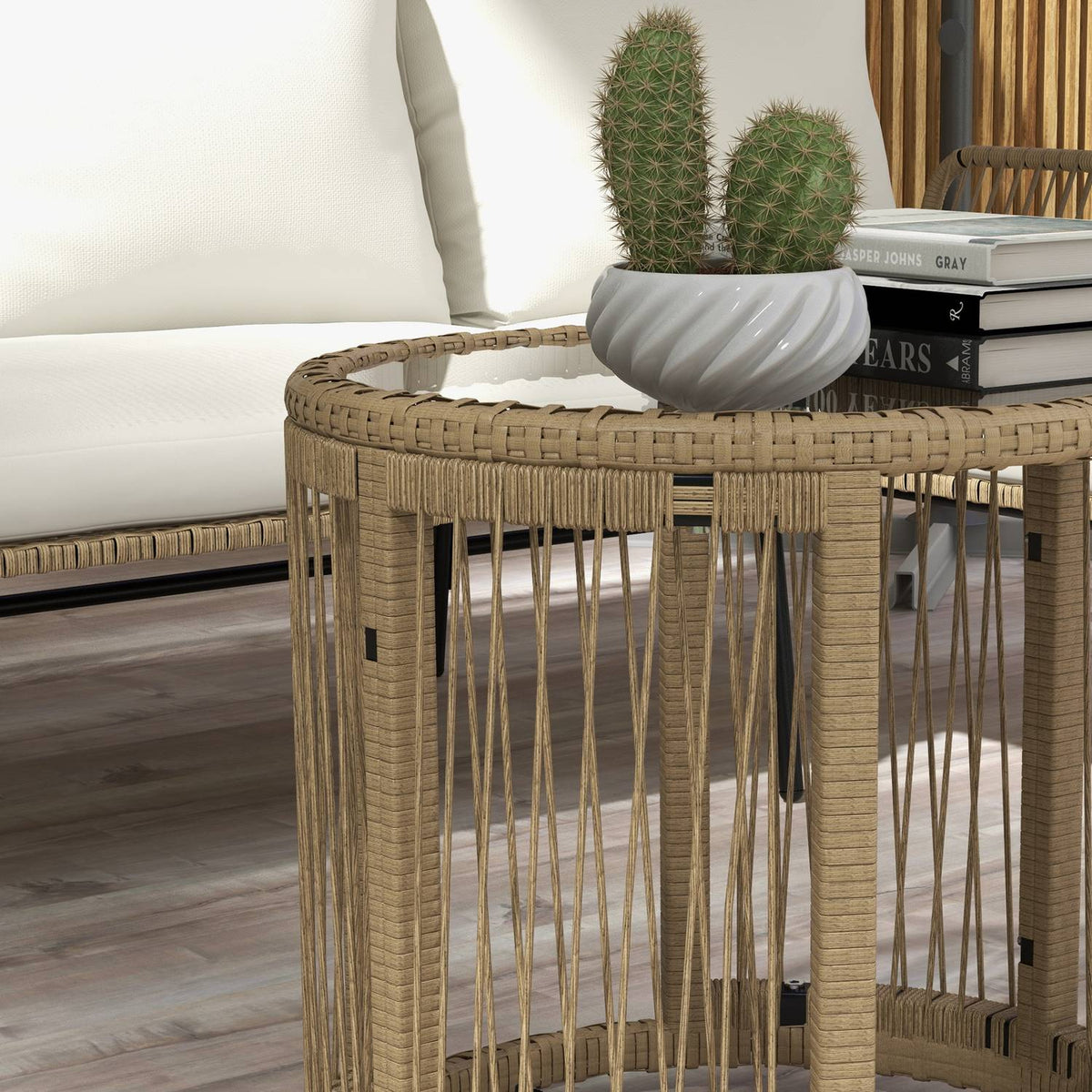 Rattan garden furniture set with deck chair, coffee table, two-seater and cream seat cushion for terrace and balcony