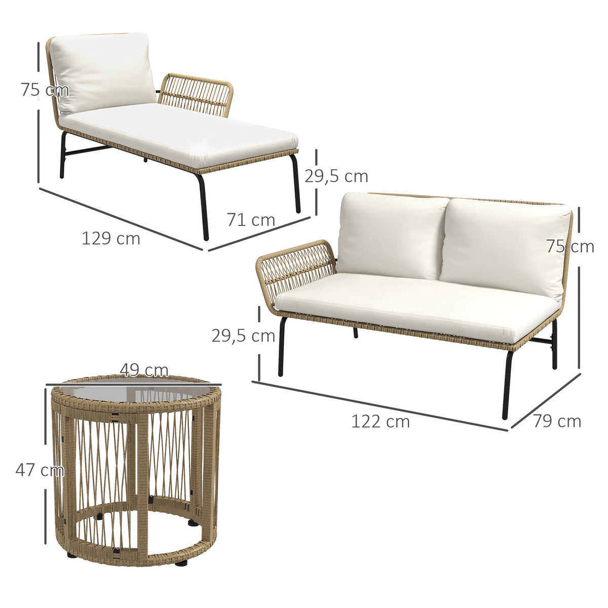 Rattan garden furniture set with deck chair, coffee table, two-seater and cream seat cushion for terrace and balcony
