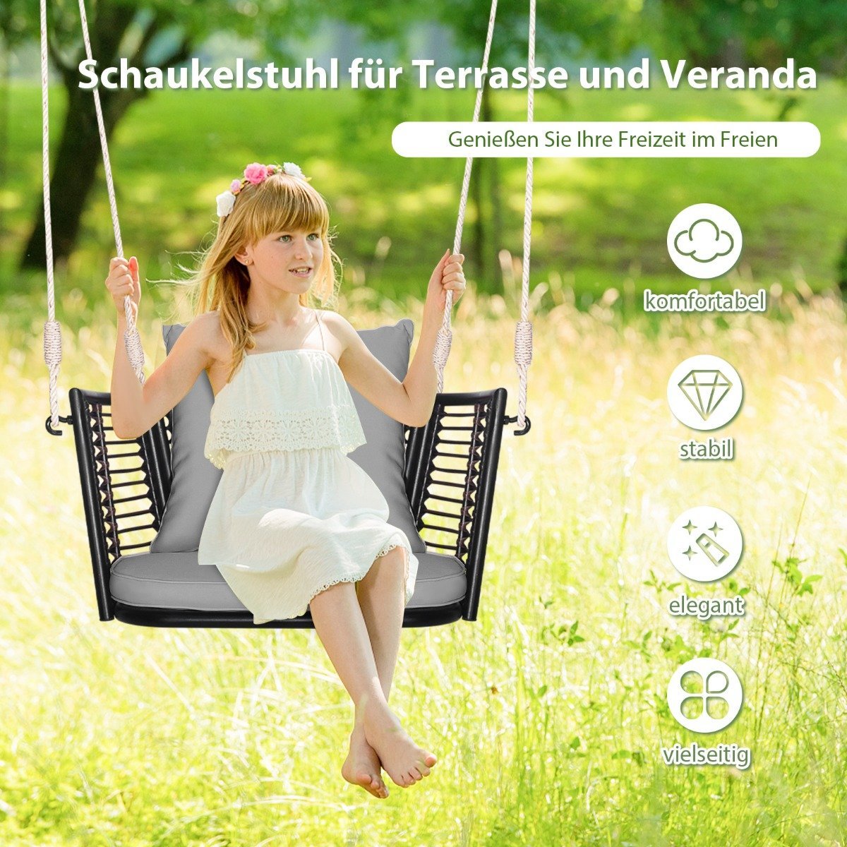 Rattan hanging chair with a load capacity of up to 180 kg, hanging seat with cushions &amp; Gray metal frame