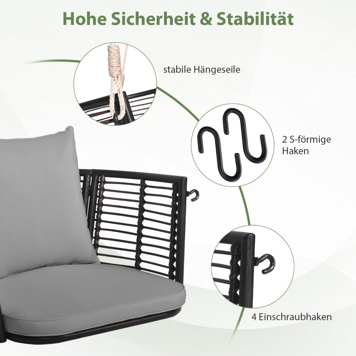 Rattan hanging chair with a load capacity of up to 180 kg, hanging seat with cushions &amp; Gray metal frame