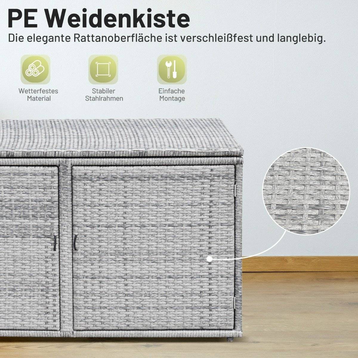 Rattan patio box with 335 L capacity 115 x 60 x 65 cm Gray
