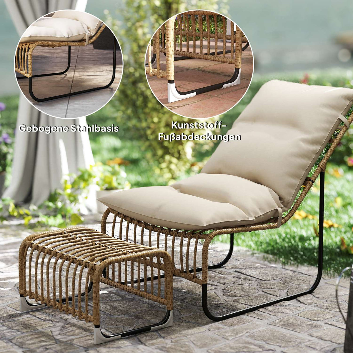 Rattan relaxation chair with footstool UV-resistant garden chair with cushion straps outdoor rattan chair garden chair for garden, balcony, terrace natural wood
