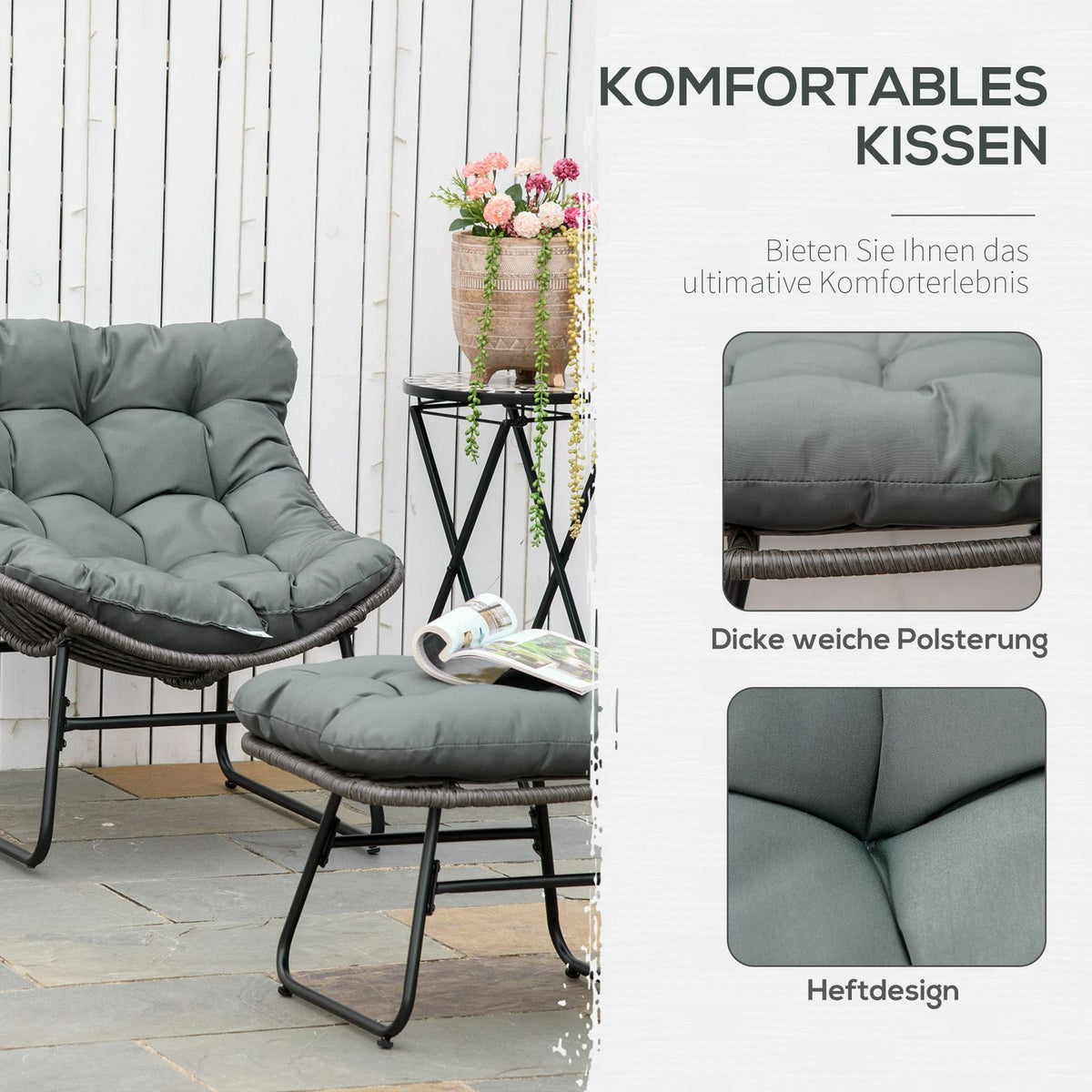 Rattan relaxation chair with footstool garden chair outdoor rattan chair with cushions, steel & polyester, gray 69x76x70 cm for garden & terrace |
