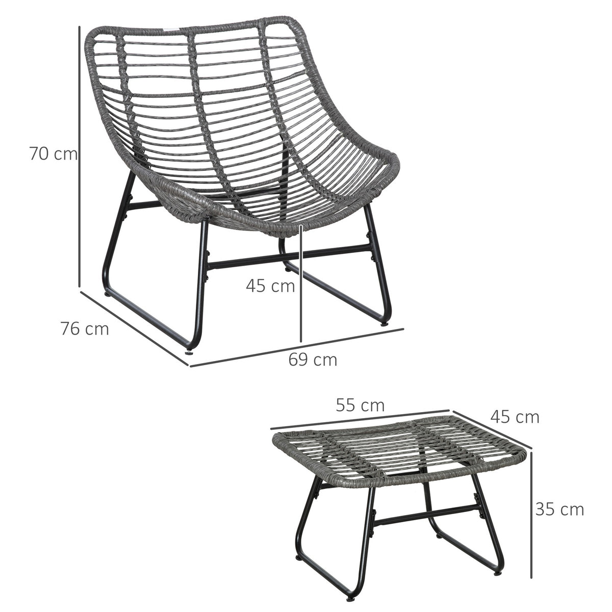Rattan relaxation chair with footstool garden chair outdoor rattan chair with cushions, steel & polyester, gray 69x76x70 cm for garden & terrace |