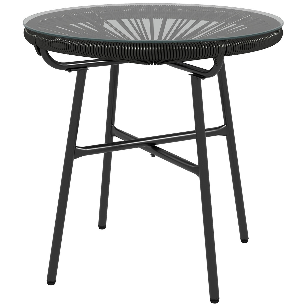 Rattan side table, bistro table, coffee table with glass table top, round, for terrace, balcony, black, 50x50x50cm