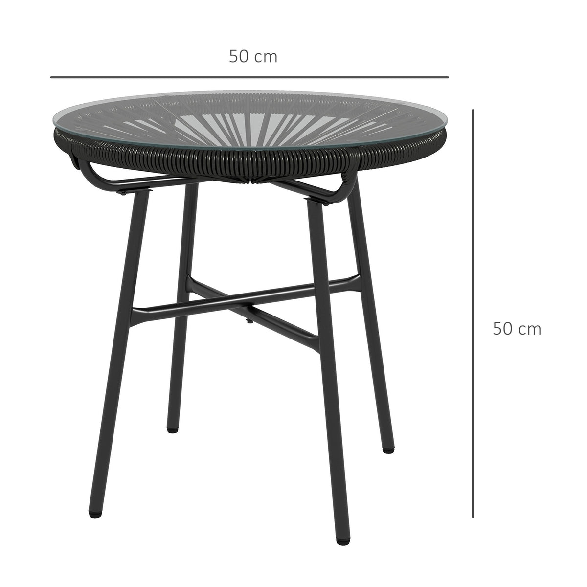 Rattan side table, bistro table, coffee table with glass table top, round, for terrace, balcony, black, 50x50x50cm
