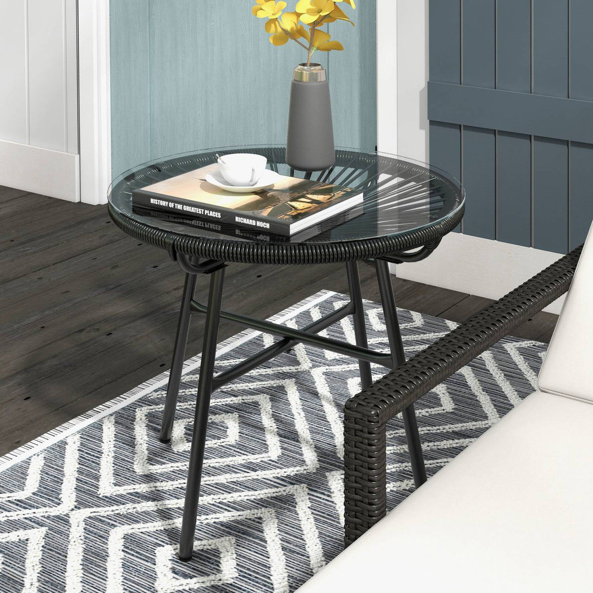 Rattan side table, bistro table, coffee table with glass table top, round, for terrace, balcony, black, 50x50x50cm