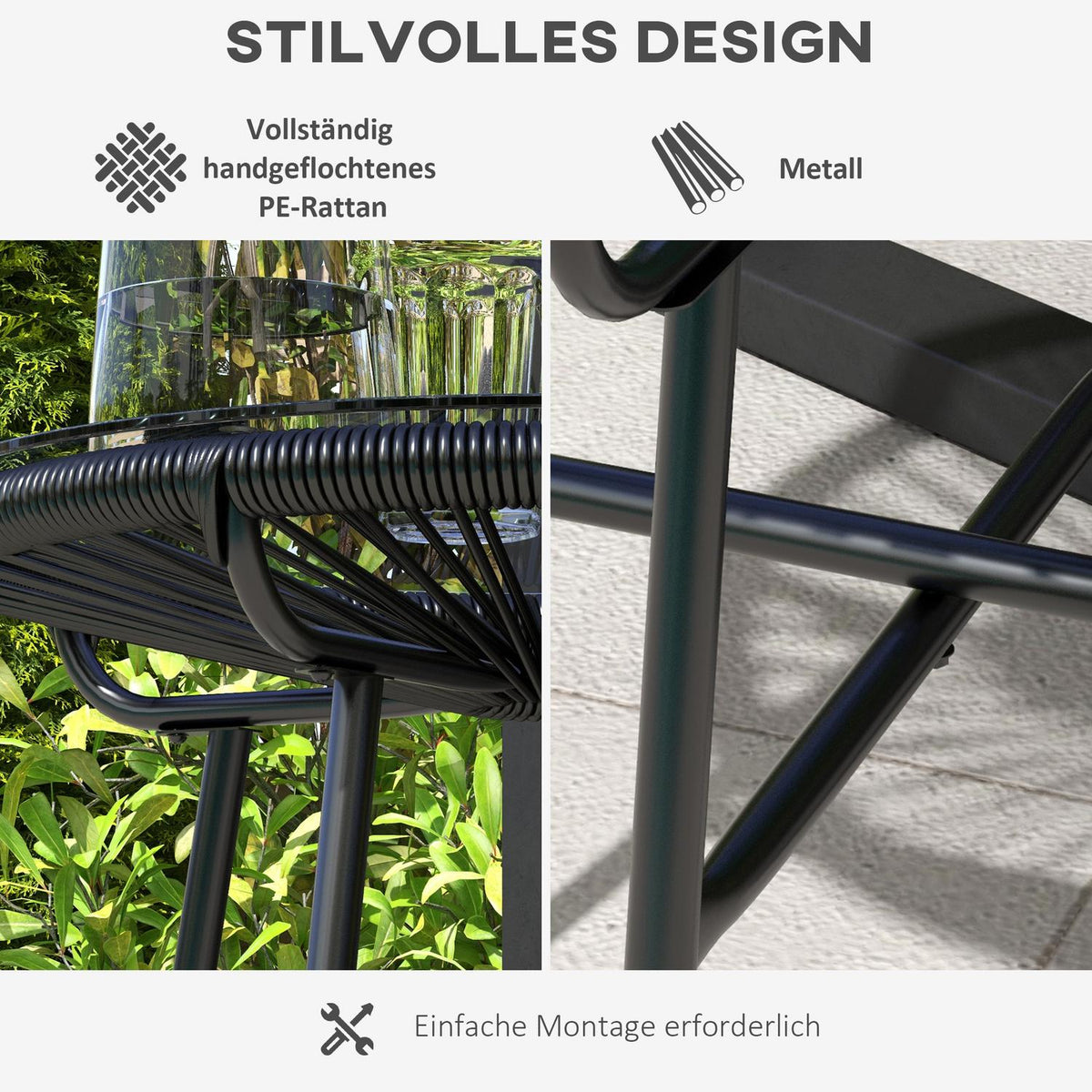Rattan side table, bistro table, coffee table with glass table top, round, for terrace, balcony, black, 50x50x50cm