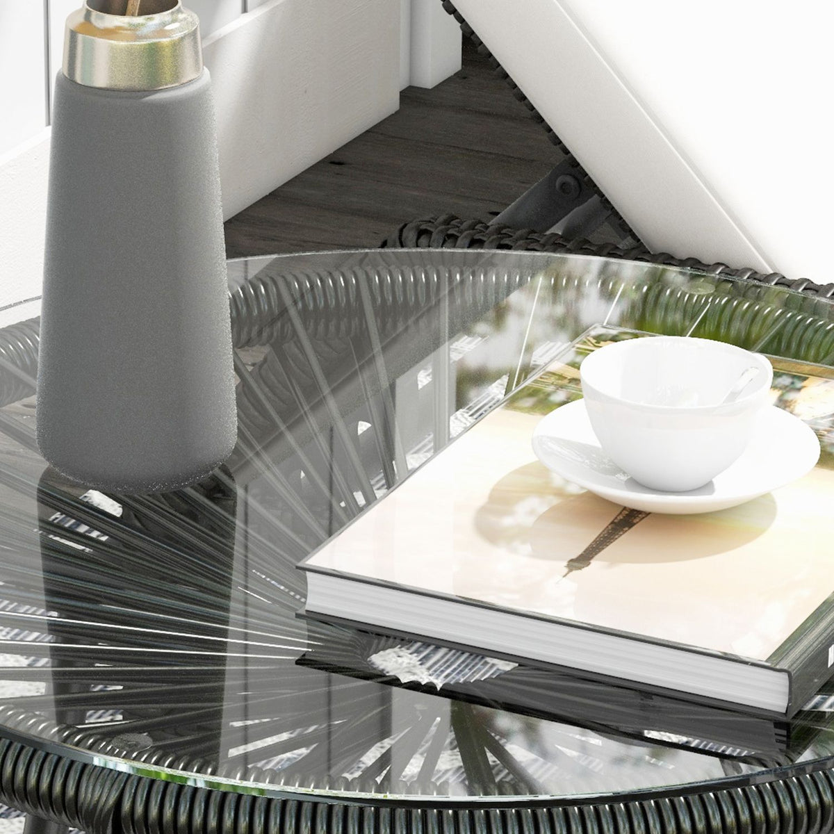 Rattan side table, bistro table, coffee table with glass table top, round, for terrace, balcony, black, 50x50x50cm
