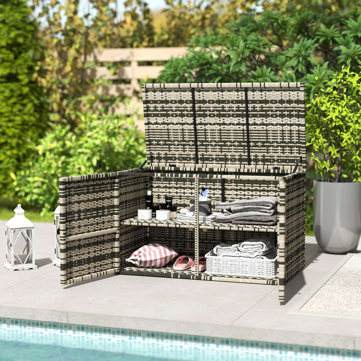 Rattan storage box 350L 2-level weatherproof cushion box with lid lifting rods carrying handles UV-resistant garden box storage box garden chest for garden patio balcony 118x57x69 cm mixed gray |