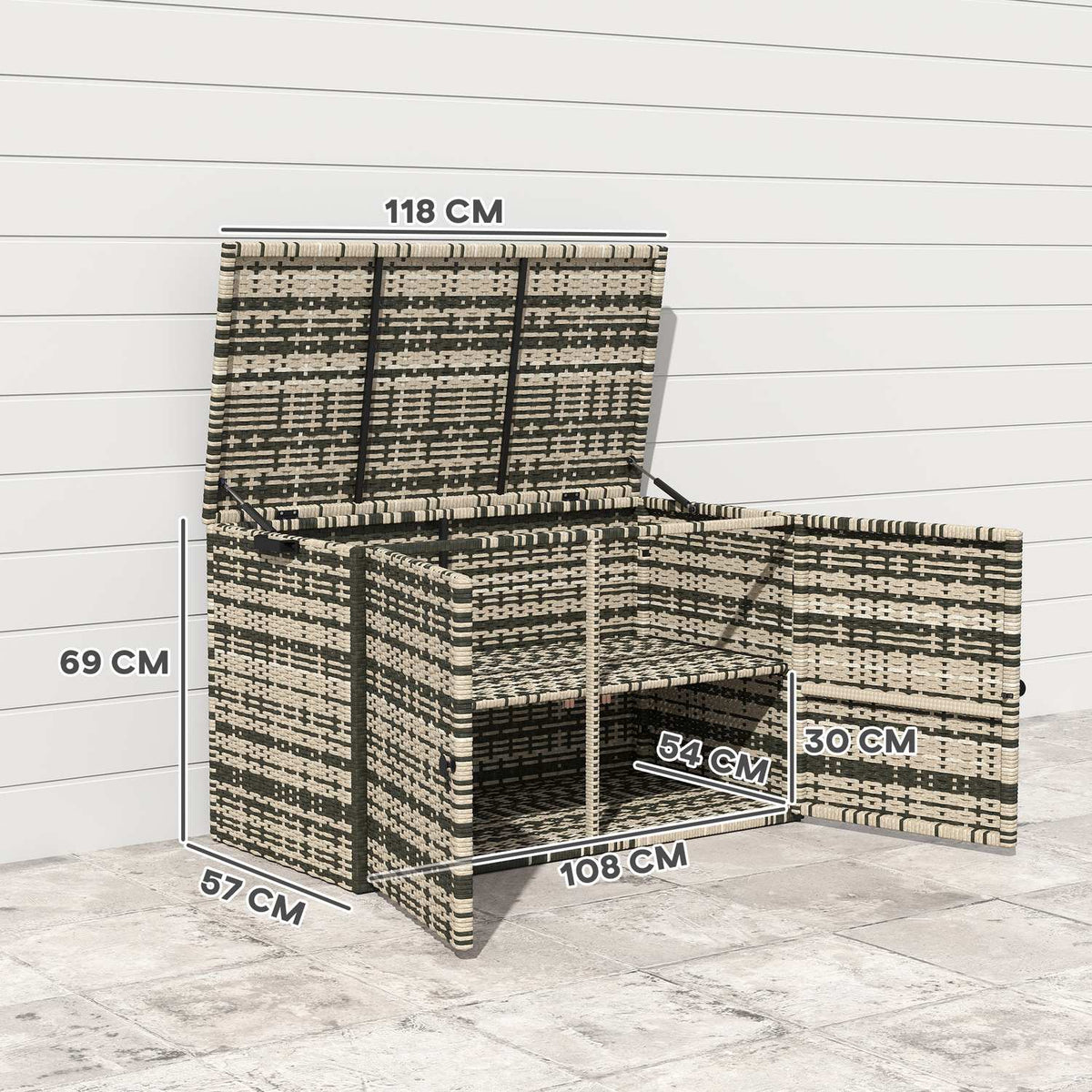 Rattan storage box 350L 2-level weatherproof cushion box with lid lifting rods carrying handles UV-resistant garden box storage box garden chest for garden patio balcony 118x57x69 cm mixed gray |