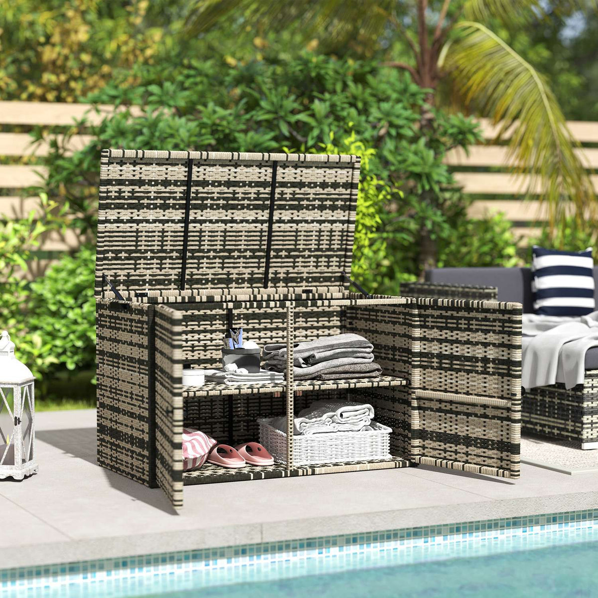 Rattan storage box 350L 2-level weatherproof cushion box with lid lifting rods carrying handles UV-resistant garden box storage box garden chest for garden patio balcony 118x57x69 cm mixed gray |