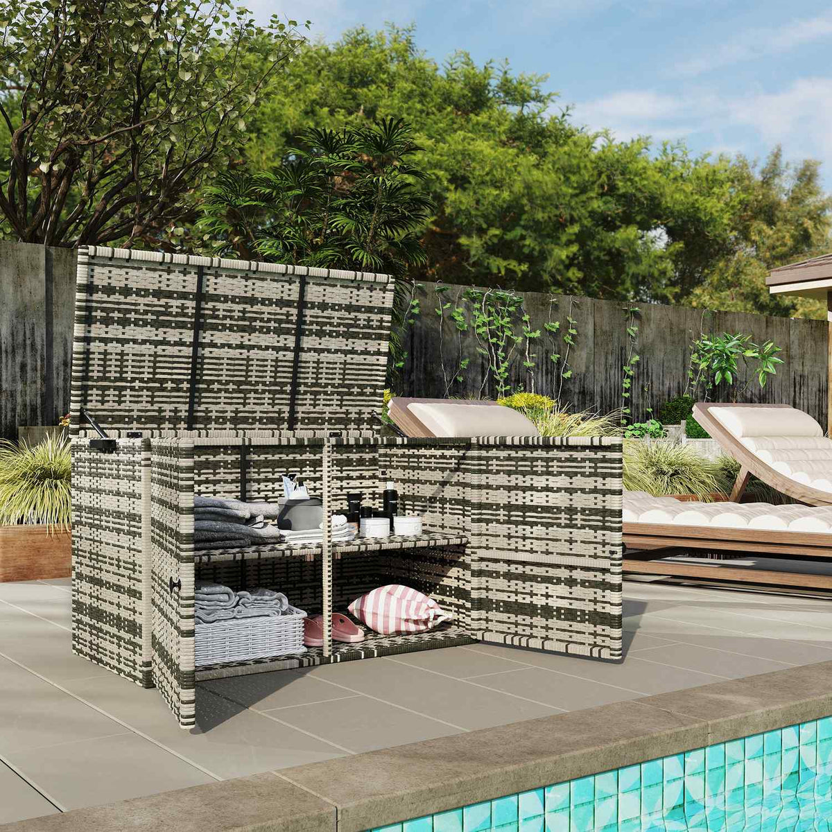 Rattan storage box 350L 2-level weatherproof cushion box with lid lifting rods carrying handles UV-resistant garden box storage box garden chest for garden patio balcony 118x57x69 cm mixed gray |