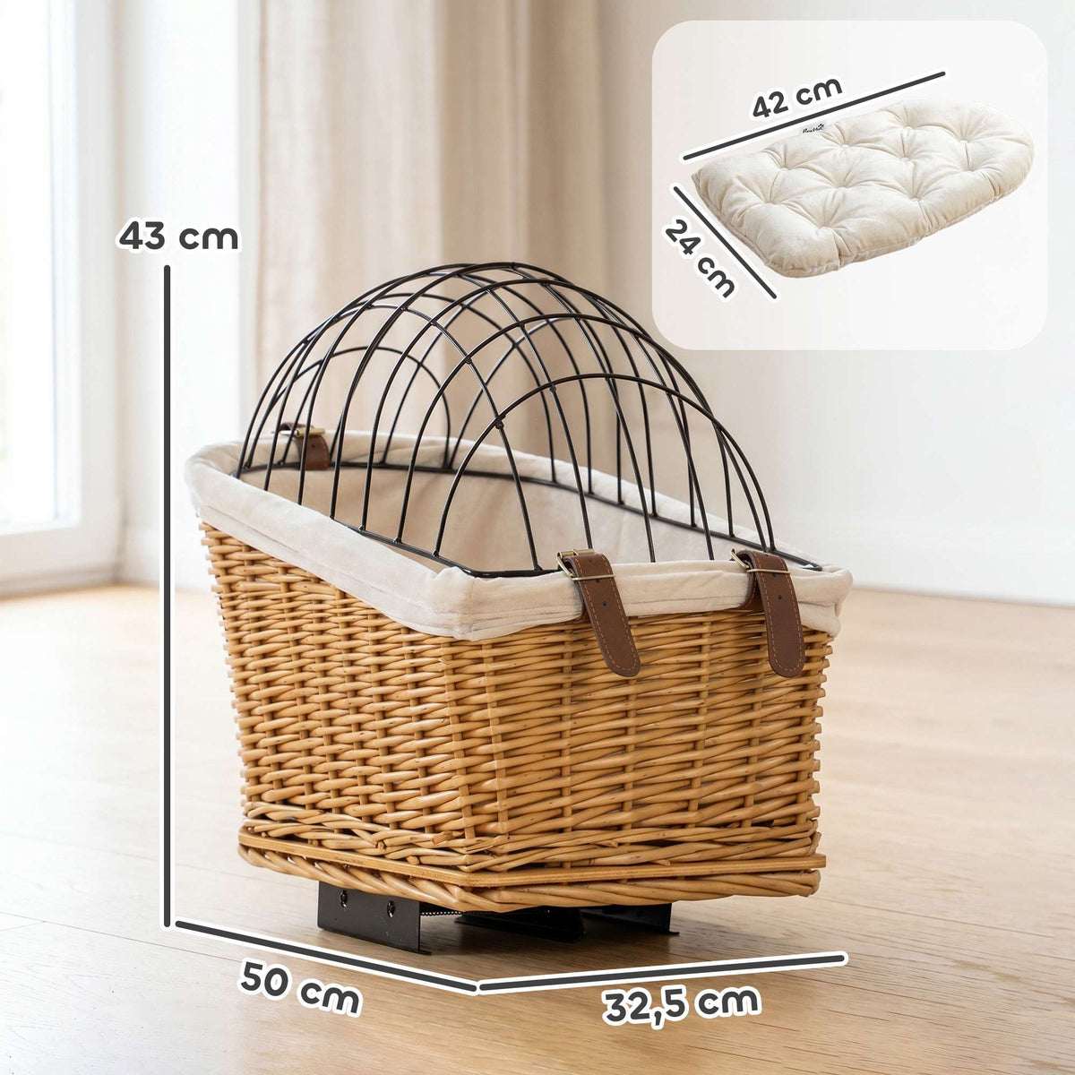 Rear Bike Basket for Dogs and Cats, Wicker with Lid and Cushion