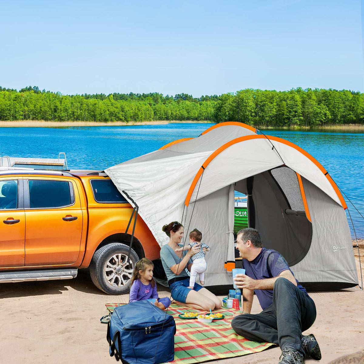 Rear tent car dome tent for 6 people with 3 doors and windows, tailgate tent for caravans and SUVs made of polyester, light gray