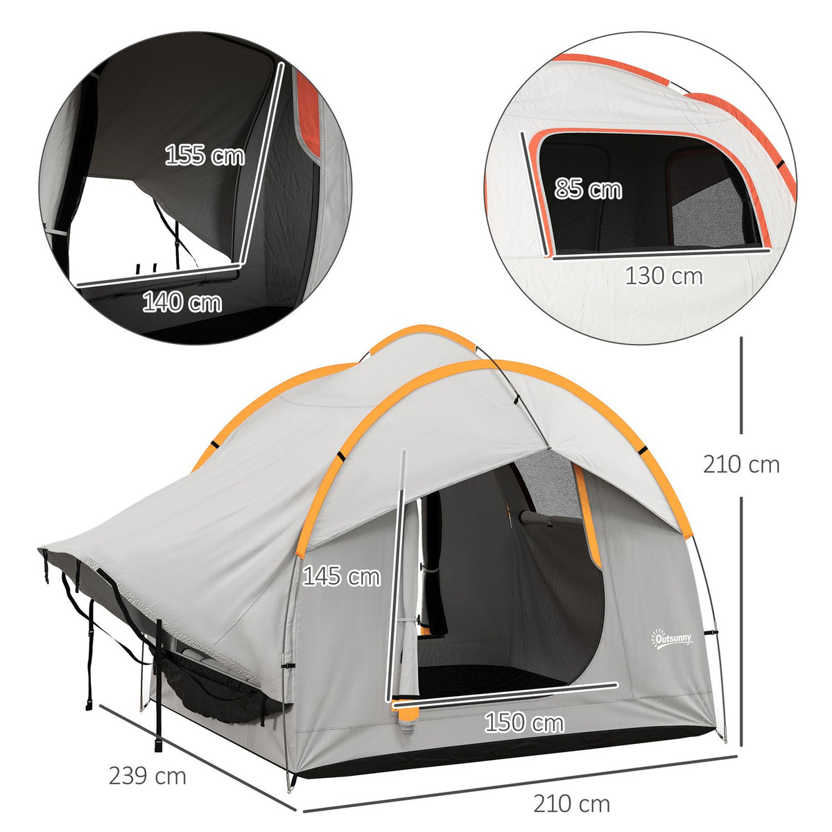 Rear tent car dome tent for 6 people with 3 doors and windows, tailgate tent for caravans and SUVs made of polyester, light gray