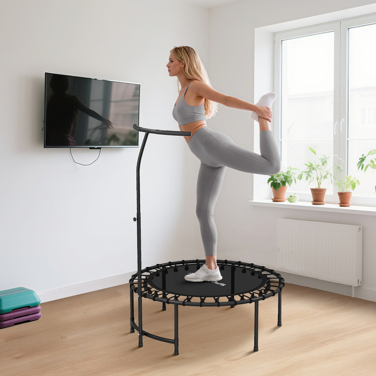 Rebounder Trampoline, Adjustable Handle, Black