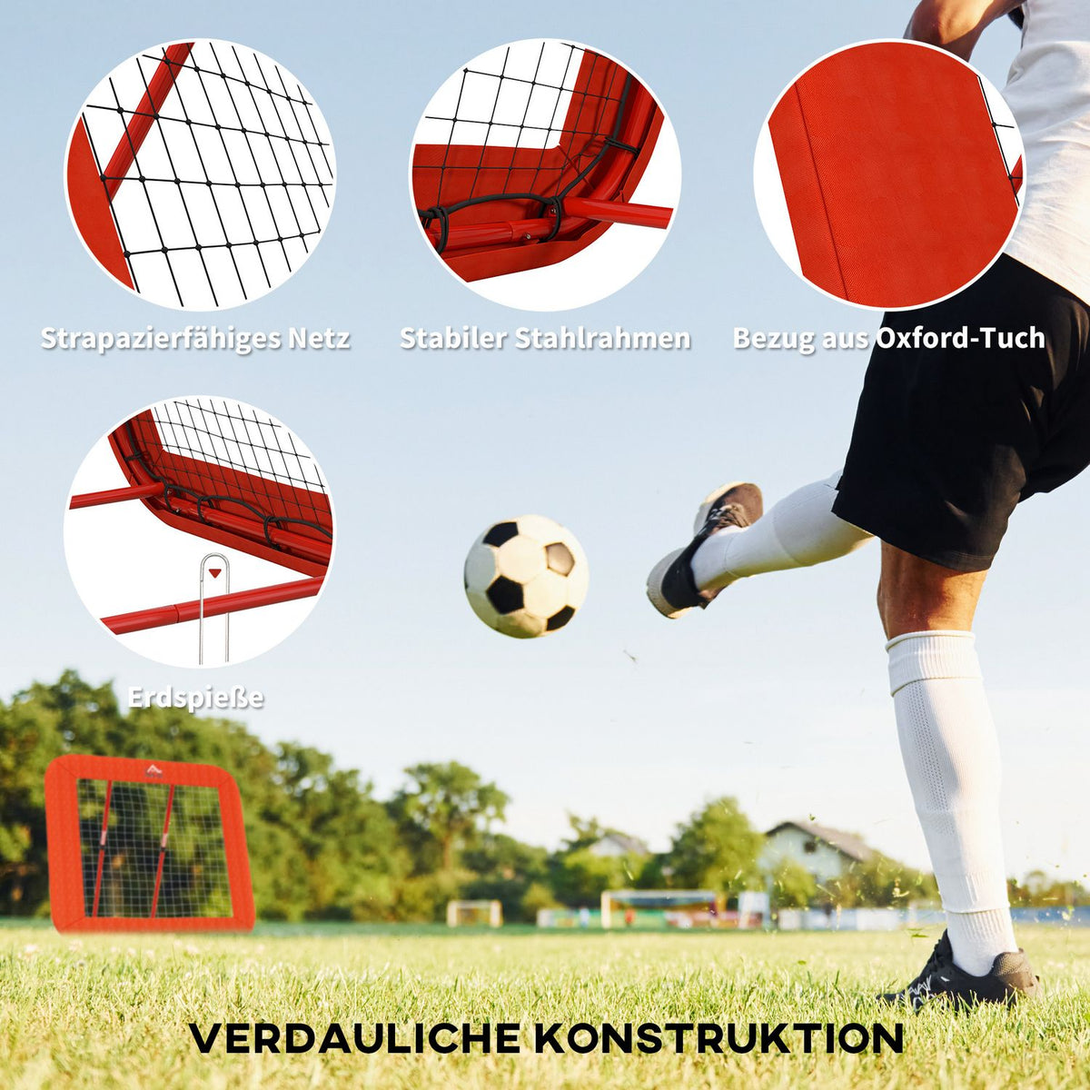 Rebounder for football, foldable football rebounder with protective edge, pegs, 5 levels height adjustable rebound wall net for handball, volleyball and basketball, red