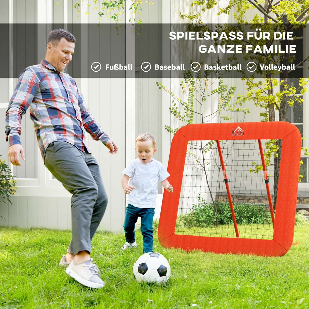 Rebounder for football, foldable football rebounder with protective edge, pegs, 5 levels height adjustable rebound wall net for handball, volleyball and basketball, red